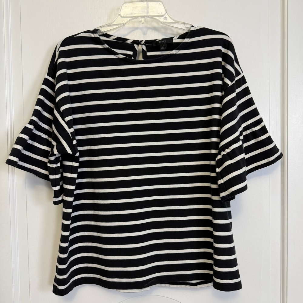 J.Crew Striped Ruffle Sleeve Top Women Size L Black White